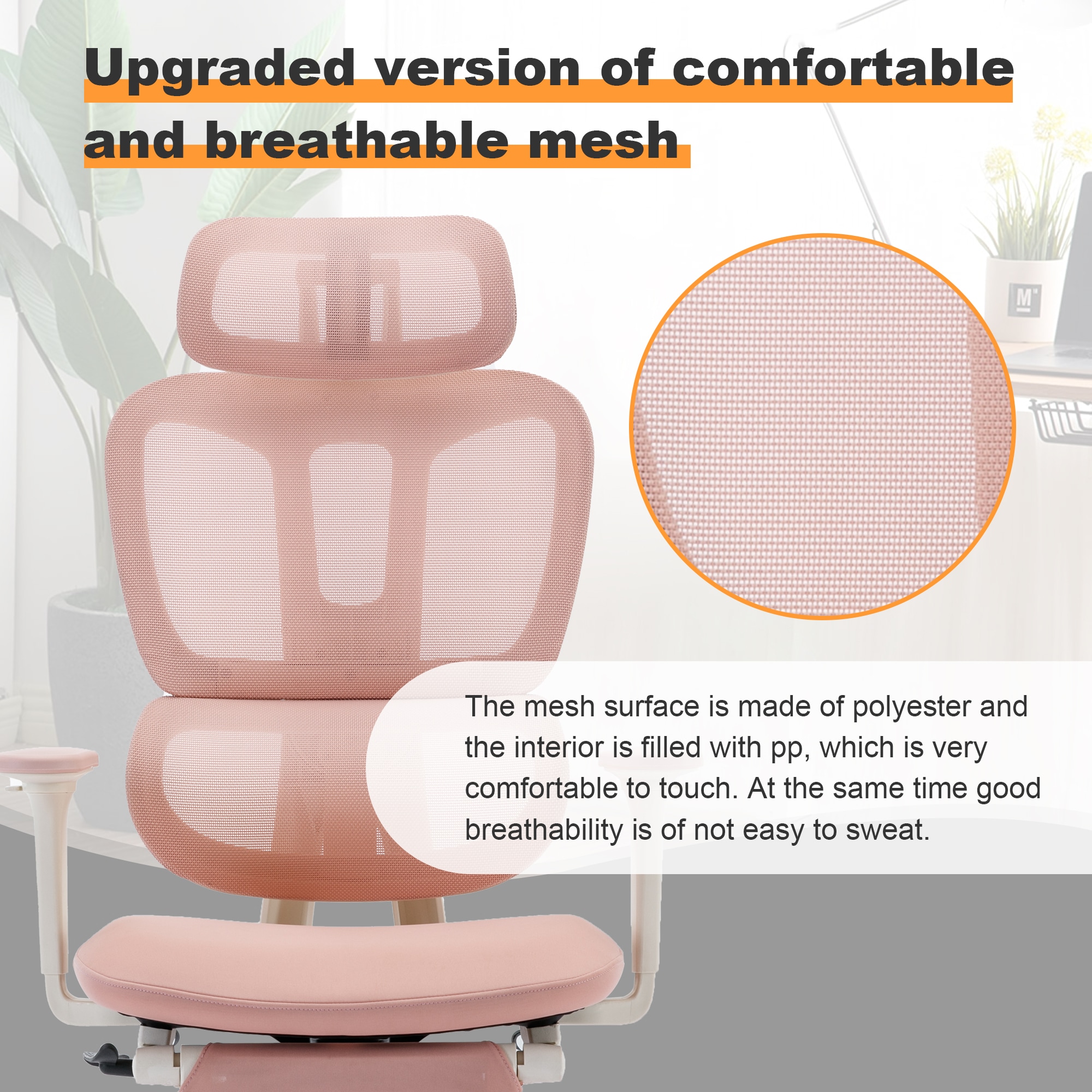 Multi-functional Ergonomic Mesh Office Chair With Adjustable Armrest,Footrest,Lumbar Support, 360° Silent Wheels,Headrest For Home & Office,Pink_voghion.com